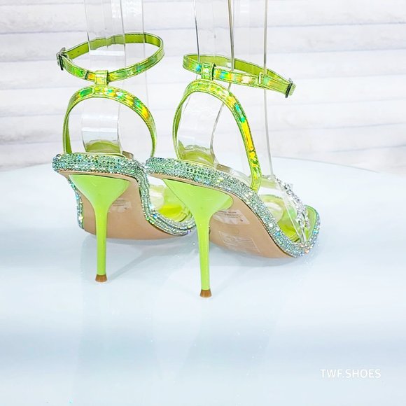 Mini .5" Rhinestone Platform Lime Green Hologram Upper Wrap Strap Heels Baily - Picture 17 of 17